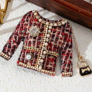 Tweed blazer Brooch Bling plaid Coat pin purse charm hair clip red pearl jewelry